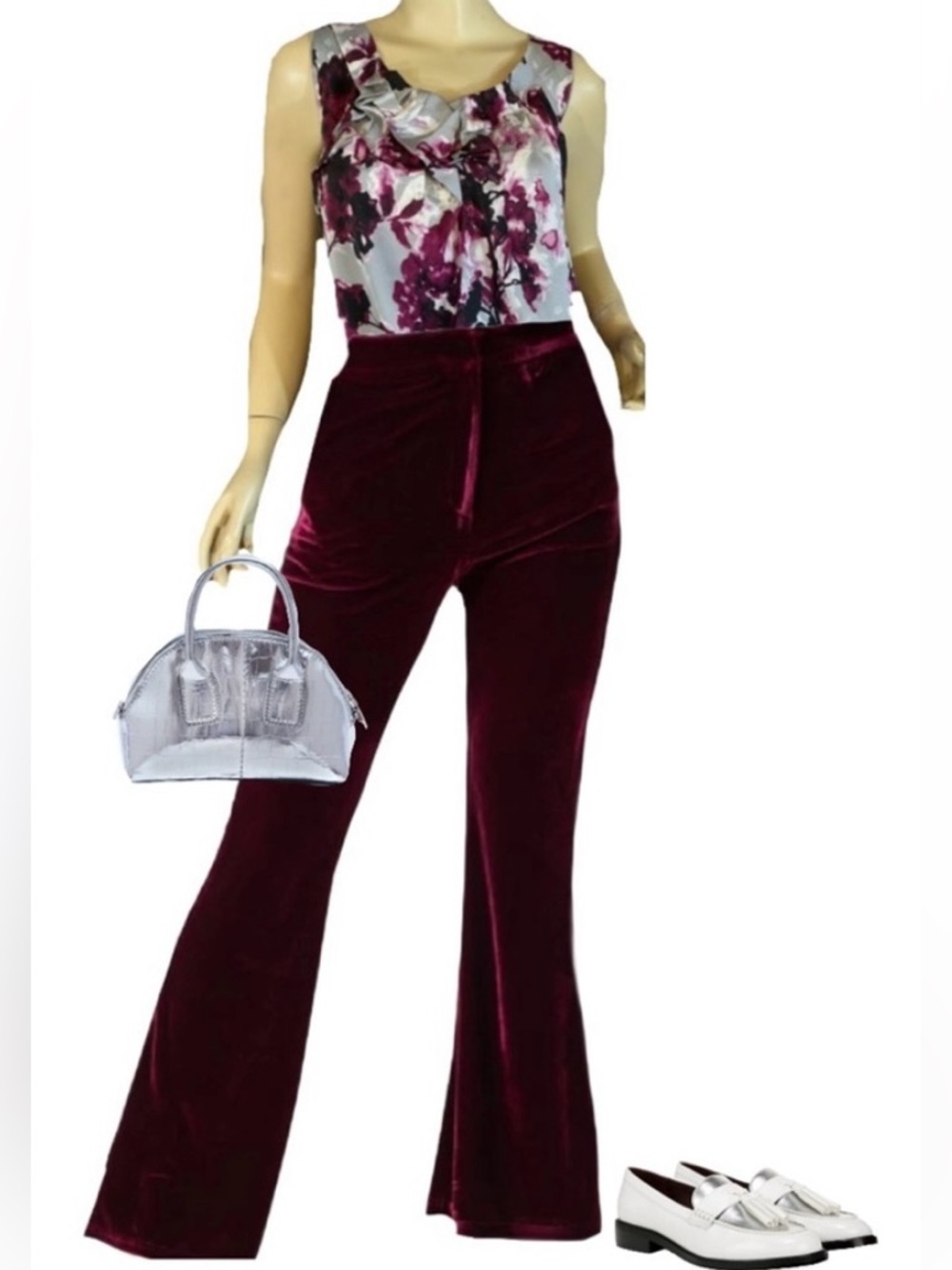 LOFT PETITE SILVER, WHITE & BURGUNDY FLORAL SATIN SLEEVELESS BLOUSE (MP)